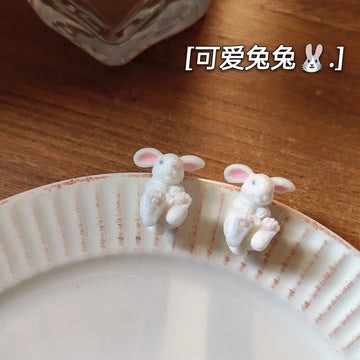 White Flocked Velvet 3D Sitting Bunny Stud Earrings