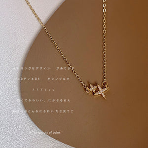 Gold Tone Clear Stone Star Curve Pendant Chain Necklace For Women