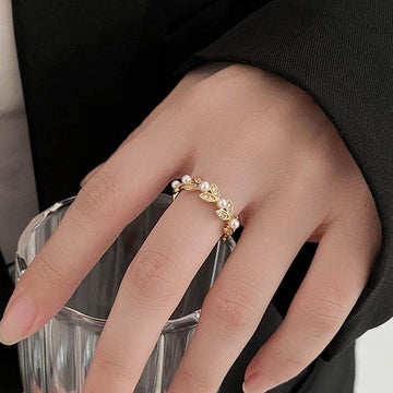 Gold Leaf Wheat Pearl Open Ring Clear Crystal Band
