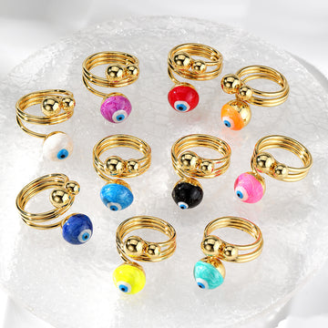 Gold Tone Swirled Glass Evil Eye Adjustable Rings in Ten Colors