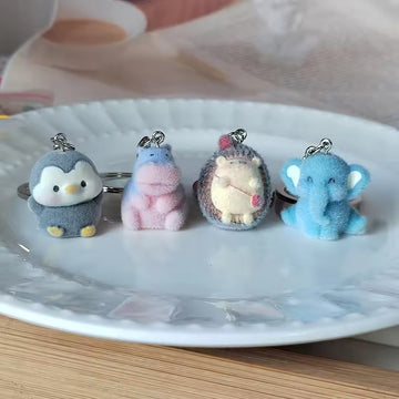 Flocked Mini Animal Plush Keychains Elephant Penguin Hippo 4 Styles