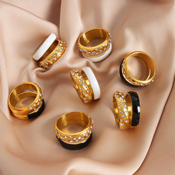 Crystal Dome Dual Band Enamel Stack Ring Gold Steel