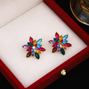 Colorful Crystal Look Sunburst Flower Small Stud Earrings