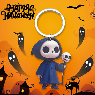 Blue hooded reaper keychain on Happy Halloween graphic