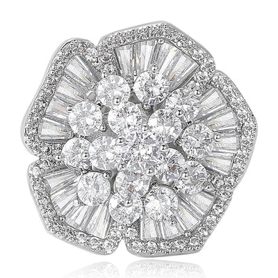 Main front view of Silver Tone Crystal Flower Brooch With Layered Petals