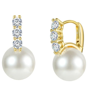 Gold Triple Clear Stone White Pearl Huggie Ear Clips