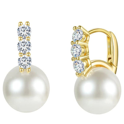 Gold triple clear stone white pearl huggie ear clips front and side