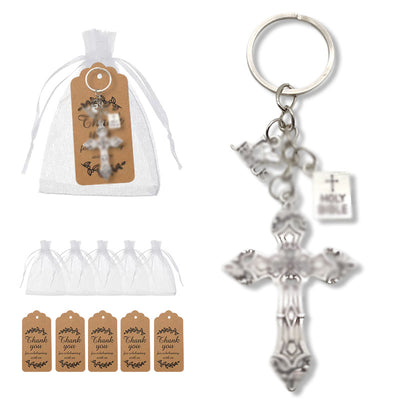 Packaging overview shows the ornate crucifix dove and Bible keychain with an organza bag and kraft tags.