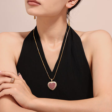 Gold Heart Zircon Pendant Necklace Open Pavé Rings