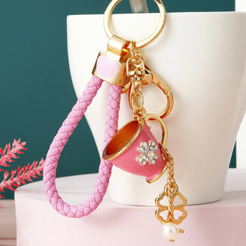 Four Leaf Clover Cup Keychains in Pink and Blue with Braided Loop Options