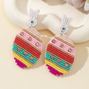 White Bunny Stud Striped Easter Egg Drop Earrings With Rhinestones