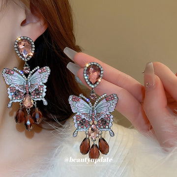 Pink Butterfly Red Crystal Drop Earrings Jewelry Accessories
