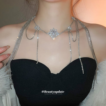 Silver Tone Layered Chain Necklace with Crystal Tassel Drops