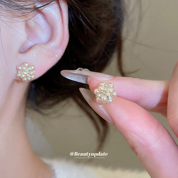 Gold Tone Floral Cluster Stud Earrings with Peach Pearl Beads