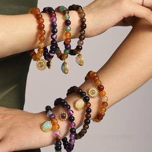 Natural Agate Bead Bracelets With Gold Steel Charms