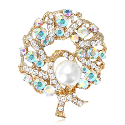 Crystal Tree Wreath Brooch With Large Pearl Center shown from the front on a white background