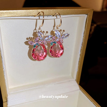 Crystal Teardrop Hook Earrings In Four Colors With Polished Metal Tone Details