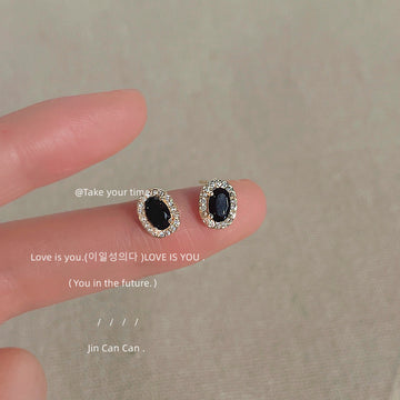 Gold Tone Black Oval Stone Clear Halo Mini Stud Earrings