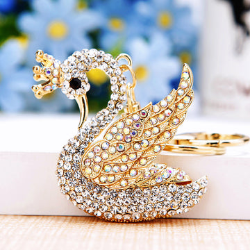 Clear Jeweled Crowned Swan Keychain with Gold Tone Details