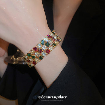 Gold Three Row Multicolor Rhinestone Open Cuff Bracelet