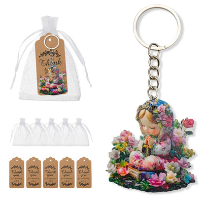 Flower crown praying girl keychain with bags and kraft tags