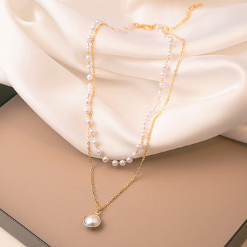 Gold Double Layer Pearl Necklace Bezel Pendant Lobster Clasp