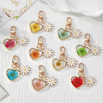 Gold Tone Daisy and Pressed Flower Heart Snap-Hook Keychains in Ten Options