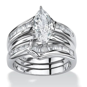 Marquise Clear Solitaire Baguette Three-Ring Set Silver Tone