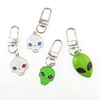 Main product view of silver Tone Green and White Alien Head Clip Keychains