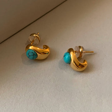Gold Tone Blue Stone Button Stud Earrings Statement Pair