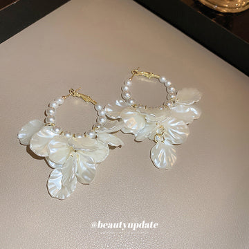 White Petal and Pearl Embellished Hoop Earrings Fashion Jewelry