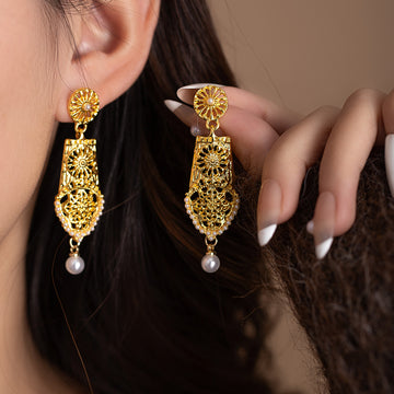 Gold Tone Sun Filigree Teardrop Pearl Look Dangle Earrings