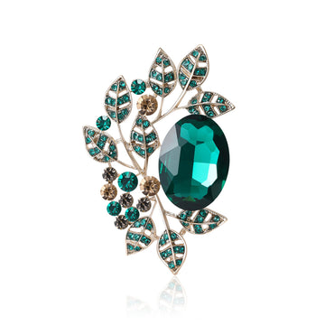 Crystal Oval Gem Leaf Branch Brooch Green Purple Two Styles