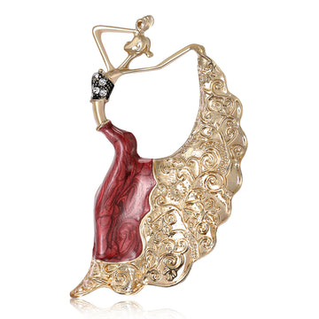 Dancing Woman Brooch With Raised Scroll Skirt in Red or Blue