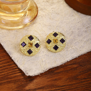 Gold Round Purple Square Center Statement Stud Earrings