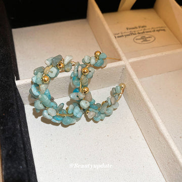 Blue Beaded Crescent Stud Hoop Earrings in Gold Tone