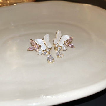 White Butterfly Stud Earrings with Pink Crystal Drops