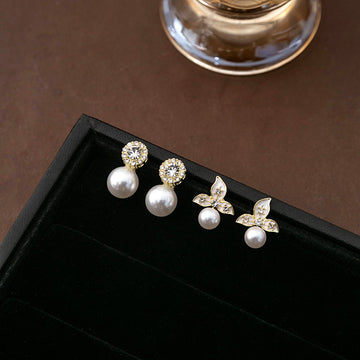 Gold Crystal Halo Pearl Drop Stud Earrings Round Circle Posts