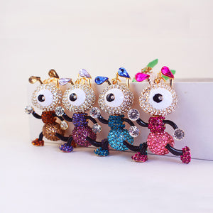 Crystal-Studded One-Eyed Cartoon Ant Keychain With Gold-Tone Ring