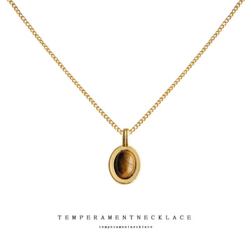 Gold Tone Brown Oval Stone Double Frame Pendant Chain Necklace