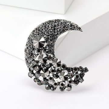 Black Gunmetal Rhinestone Crescent Moon Brooch Pin