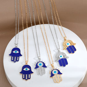 Navy Enamel Hamsa Eye Pendant Necklaces in Gold or Silver Tone