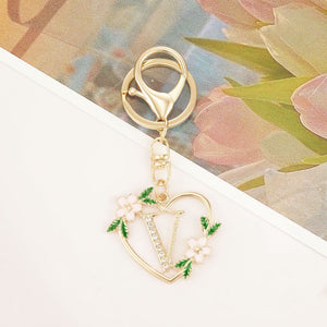 Gold-Tone Heart Initial Keychain with Floral Enamel, Zinc Alloy