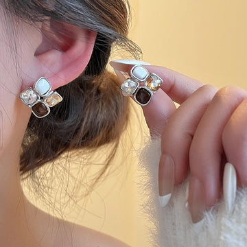 Mixed Square Geometric Gold Tone Statement Stud Earrings