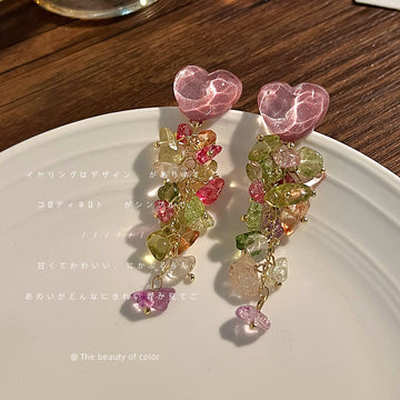 Translucent Pink Heart And Multicolor Stone Chip Long Stud Earrings