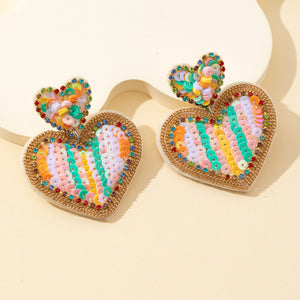 Sequin Rainbow Heart Drop Earrings With Rhinestone Trim