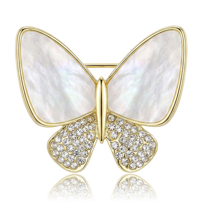Front view of shell Effect Butterfly Brooch With Clear Crystal Lower Wings against a white background.