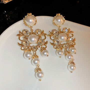 Gold Tone Crystal Floral Pearl Chandelier Earrings