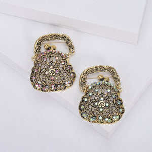 Openwork Handbag Brooch with Pastel Crystal Accents
