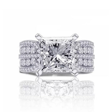 Princess Cut Square Center Ring Silver Pave Shoulders
